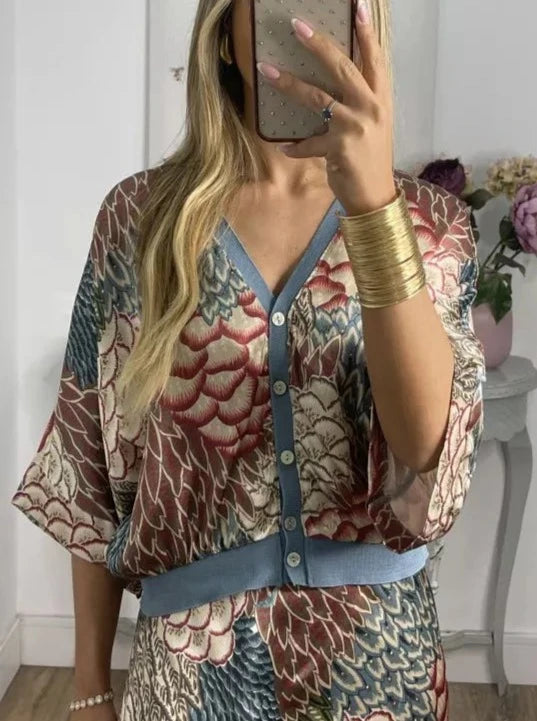 Set bluză și fustă la modă cu imprimeu de pește și decolteu în V