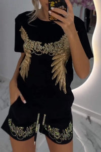 Set de două piese pentru femei, cu model strălucitor și pantaloni scurți