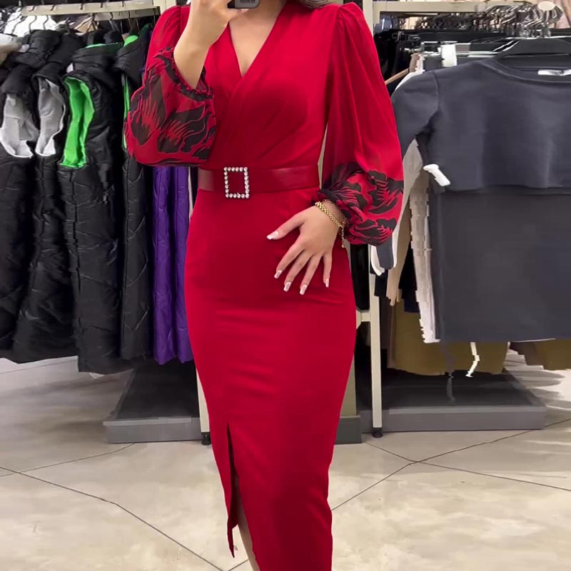 🎅Rochie roșie de modă pentru femei cu decolteu în V