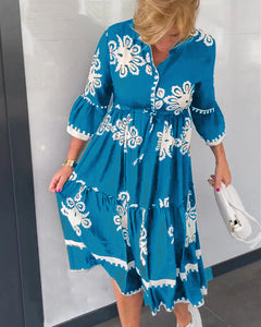 Rochie cu imprimeu floral si maneci 3/4