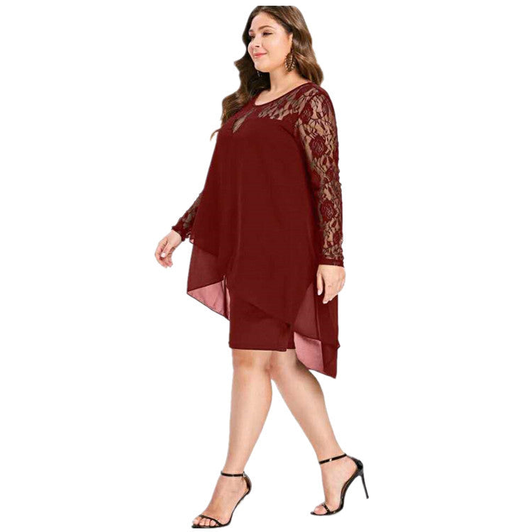 S-5XL Moda dantelă dantelă cu mânecă lungă rochie cu gât rotund