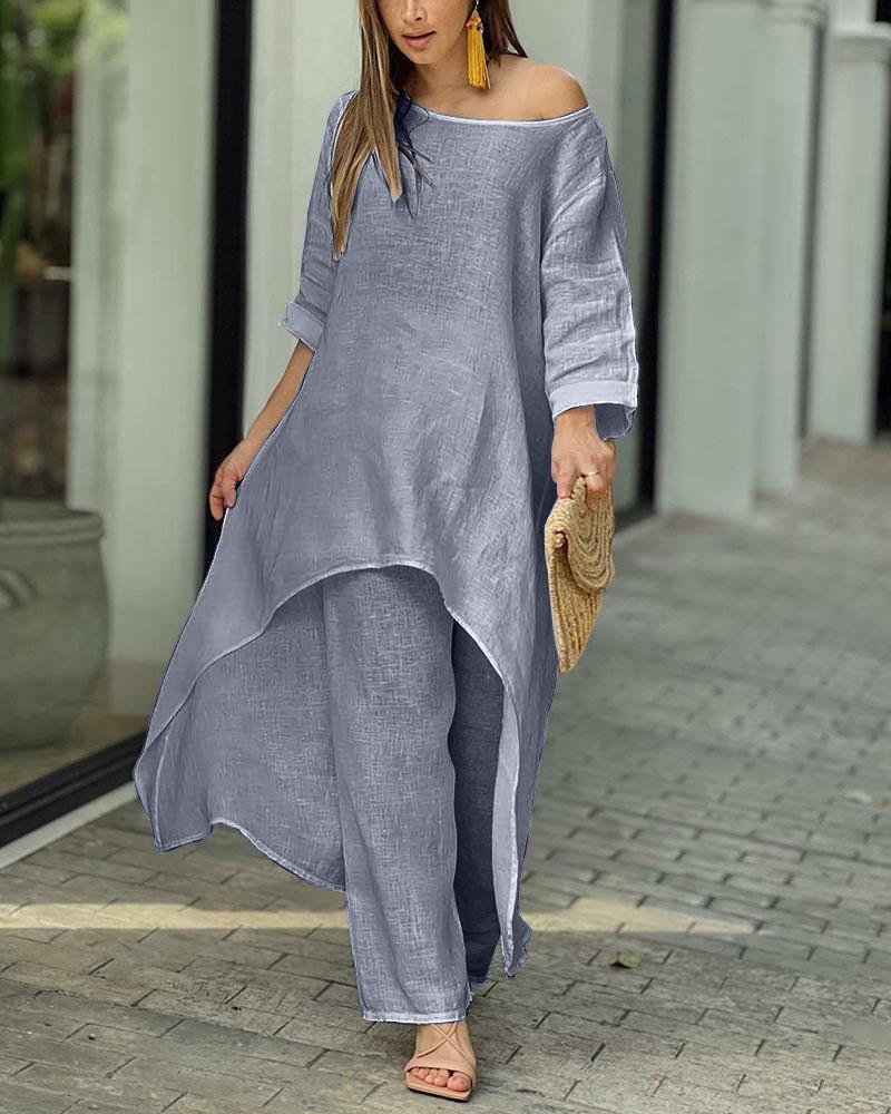 Costum vara 2023 cu talie inalta cu maneca lunga
